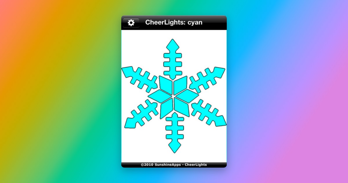 The 2011 CheerLights iPhone app showing a cyan snowflake, on a rainbow background